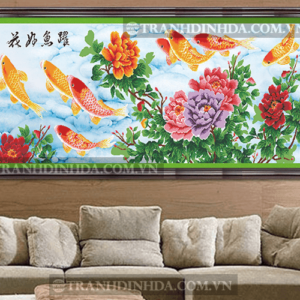 Tranh đính đá hàn quốc hạt tròn cao cấp - Cửu ngư mẫu đơn TD100 (Kích thước 182cm x 75cm)