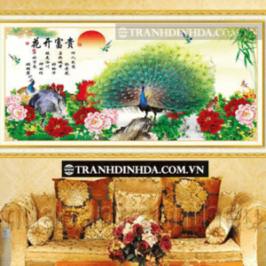 Tranh đính đá hạt tròn cao cấp - Khổng tước TD049 ( Kích thước 123cm x 67cm)