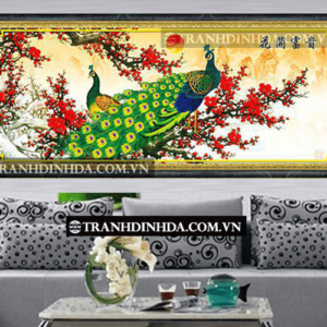 Tranh đính đá hạt tròn cao cấp - Khổng tước báo xuân TD056 (Kích thước 140cm x 55cm)