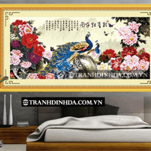 Tranh đính hạt tròn cao cấp - Khổng tước báo xuân TD058 (Kích thước 123cm x 58cm)