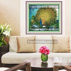 Tranh đính đá hạt tròn cao cấp - Khổng tước khai bính - TD062 (Kích thước 75cm x 67cm)