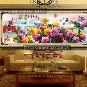 Tranh đính đá hàn quốc hạt tròn cao cấp - Tiên hạc hoa xuân TD79 (Kích thước 210cm x 85cm)