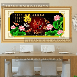 Tranh đính đá hàn quốc hạt tròn cao cấp - Cửu ngư vũ liên - TD110 (Kích thước 150cm x 69cm)