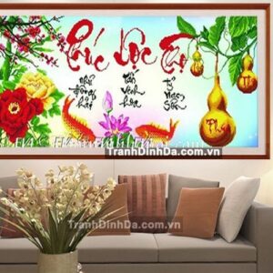 Tranh đính đá hàn quốc hạt tròn cao cấp - Phúc Lộc Thọ - TD947 (Kích thước 97cm x 46cm)