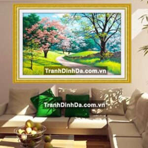 Tranh đính đá hạt tròn cao cấp - cảnh sắc mùa xuân - tdf2110 ( kích thước 65cm x 50cm)