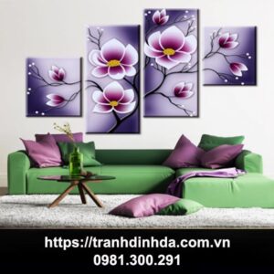 Tranh đính đá cao cấp bộ tranh 4 bức hoa lan tím TDF2581 (kt: 130cm x 75cm)