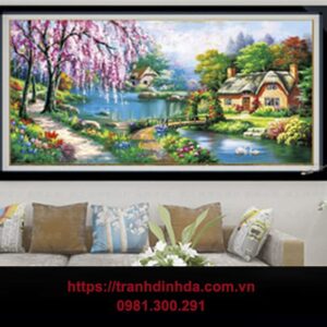 Tranh đính đá cao cấp cảnh sắc quê hương mùa xuân về TDF2741 (kích thước 180cm x 100)