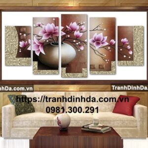 Tranh đính đá cao cấp bình hoa bộ tranh 5 bức TDF2235 (kích thước 144cm x 75cm)