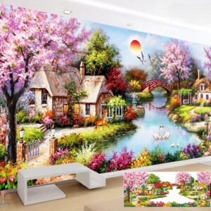 Tranh đính đá cao cấp ngôi nhà bên suối mùa xuân về TDF8010 (Kích thước 200cm x 98cm)