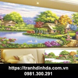Tranh đính đá cao cấp ngôi nhà ven hồ TDF8043 ( kích thước 160cm x 80cm)