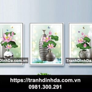 Tranh đính cao cấp bộ 3 bức tranh hoa sen TDF2711 (Kích thước 50cm x 60cm / bức)