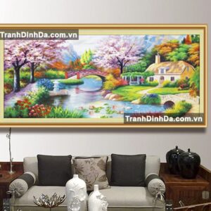 Tranh đính đá phong cảnh ngôi nhà hạnh phúc TDF2699 ( kích thước 200cm x 100cm)