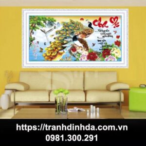 Tranh đính đá cao cấp thư pháp cha mẹ đồng hồ - TD1152 (Kích thước 68cm x 40cm)