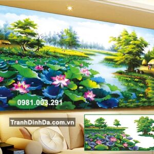 Tranh đính đá hạt tròn cao cấp Hồ Sen - YD8058 Kích thước 150cm x 75cm