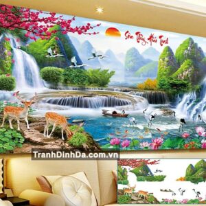 Tranh đính đá hạt tròn cao cấp Sơn Thủy Hữ Tình-YD8077 Kích thước 200cm x 90cm