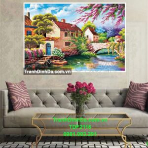 Tranh đính đá ngôi nhà bên sông mùa xuân kích thước 74cm x 50cm