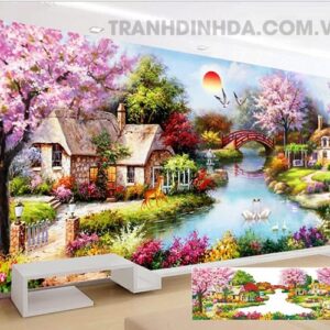 Tranh đính đá ngôi nhà mùa xuân ấm áp Y8011 Kích thước 220cm*110cm