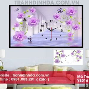 Tranh đính đá đồng hồ hoa hồng tím Y8016 Kích thước 80cm*50cm