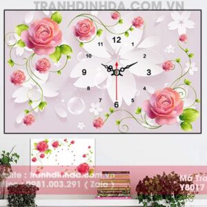 Tranh đính đá cao cấp đồng hồ hoa hồng Y8017 Kích thước 80cm*53cm