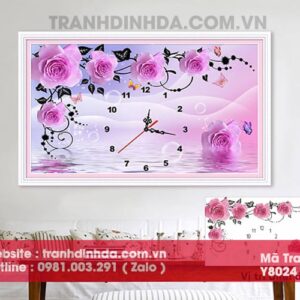 Tranh đính đá cao cấp đồng hồ hoa hồng Y8024 kích thước 80cm*53cm
