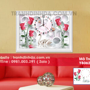 Tranh đính đá đồng hồ hoa hồng Y8062 kích thước 75cm*50cm