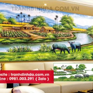 Tranh đính đá cao cấp cảnh làng quê yên bình y8096 kích thước 150cm*70cm