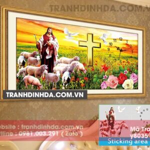 Tranh đính đá cao cấp chúa chăn chiên - thánh giá - đồng hồ Y8035 kích thước 100cm*60cm