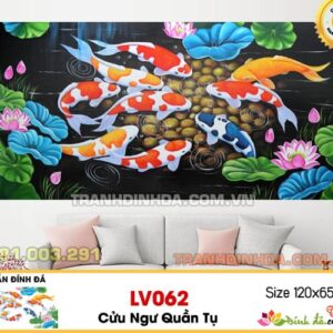Tranh đính đá cao cấp Lavender Cửu ngư quần tụ LV062 Kích thước 120cm x 65cm
