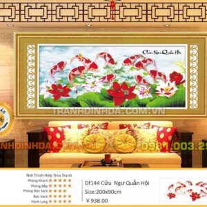 Tranh đính đá cao cấp Cửu ngư quần hội DF144 Kích thước 200cm x 90cm