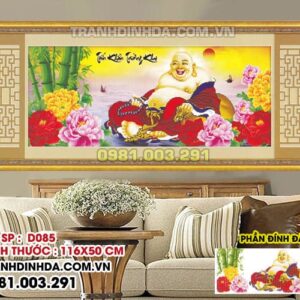 Tranh đính đá phật di lặc - tiếu khẩu trường khai D085 kích thước 120cm x 52cm