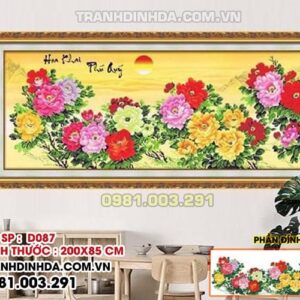 Tranh đính đá Hoa Khai Phú Qúy D087 Kích thước 200cm x 85cm