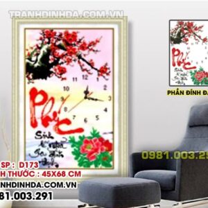 Tranh đính đá đồng hồ thư pháp chữ Phúc D173 Kích thước 45cm x 68cm