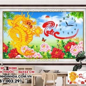 Tranh đính đá đồng hồ Thư pháp chữ phúc D280 Kích thước 86cm x 53cm