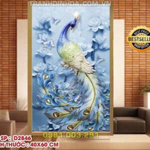 Tranh đính đá cao cấp ABC Chim công bên hoa ngọc lan D2846 kích thước 40cm x 60cm