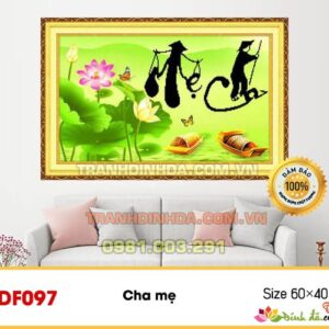 Tranh đính đá cao cấp cha mẹ hoa sen - cha chèo mẹ gánh DF097 kích thước 76cm x 49cm
