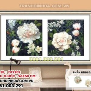 Tranh đính đá hoa Mẫu đơn trắng DF2202 Kích thước 96cm x 50cm