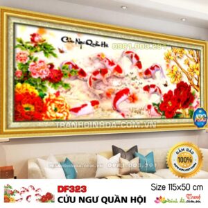 Tranh đính đá cửu ngư quần hội DF323 kích thước 115cm x 50cm