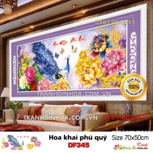 Tranh đính đá hoa khai phú quý DF345 Kích thước 70cm x 50cm