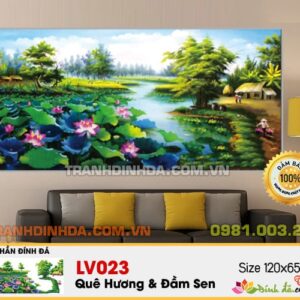 Tranh đính đá Quê hương và đầm sen LV023 kích thước 120x65cm