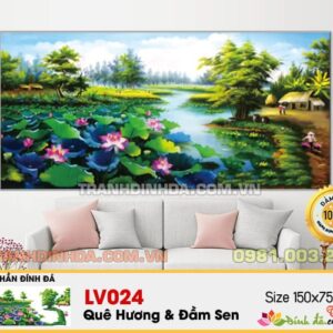 Tranh đính đá Quê hương và đầm sen LV024 kích thước 150x75cm