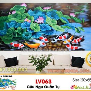 Tranh đính đá cao cấp Lavender Cửu ngư quần tụ LV063 Kích thước 120cm x 65cm