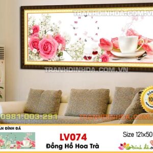 Tranh đính đá Lavender đồng hồ hoa trà LV074 kích thước 121cm x 50cm