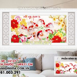 Tranh đính đá cao cấp cửu ngư quần hội LV127 kích thước 149cm x 71cm
