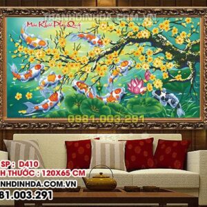 Tranh đính đá cao cấp Mai khai phú quý - cá chép mai vàng DF410 Kích thước 120cm x 65cm 