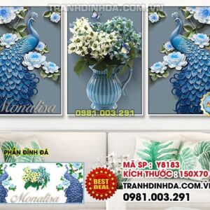 Tranh đính đá cao cấp bộ 3 Chim công và hoa Y8186 150x70cm