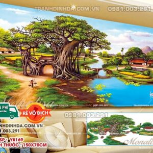 Tranh đính đá làng quê Việt Nam gốc đa cổng làng y8169 kích thước 150x70cm