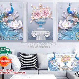 Tranh đính đá Chim công hoa mẫu đơn Y8185 kích thước 150x70cm