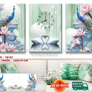 Tranh đính đá Đồng hồ Chim công Y8187 kích thước 150x70cm