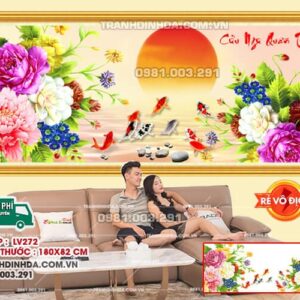 Tranh đính đá Cửu Ngư Quần Tụ LV272 kích thước 180x60cm
