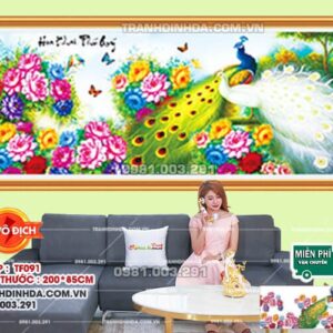 tranh đính đá hoa khai phú quý df091 kích thước 200cm x 85cm